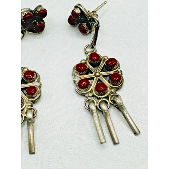 Vintage Signed Homer and Gloria Vacit Zuni 925 Sterling Coral Dangle Earrings - Picture 3 of 7